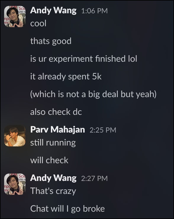 Discord conversation between Andy Wang and Parv Mahajan about the experiment spending $5k